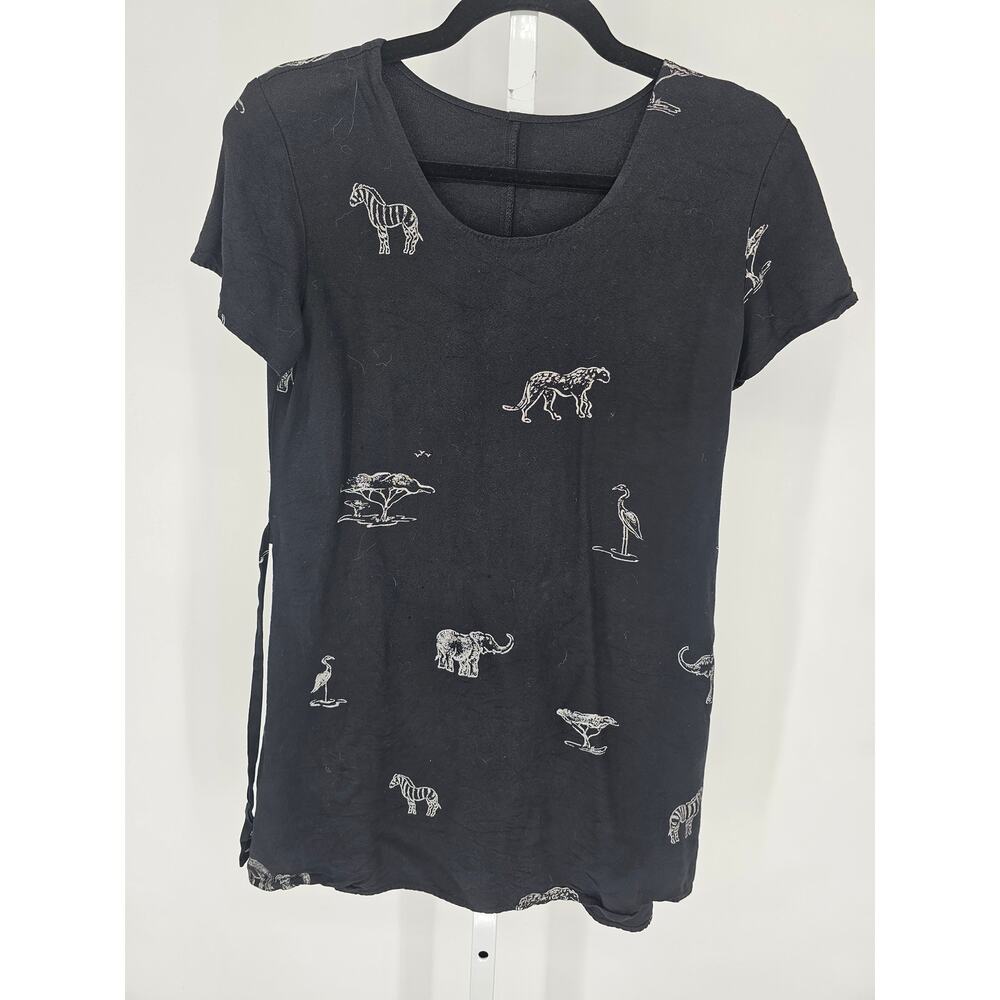 Vtg 1990s Womens Sz S Mini Dress Safari Animal Print Black White Short Sleeve